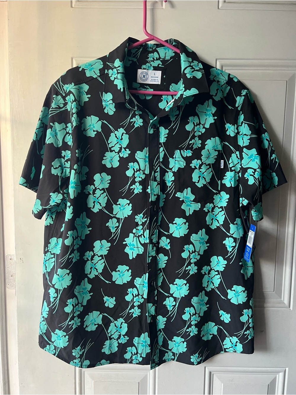 Hurley Black Button-Down Shirt with Teal Floral Print